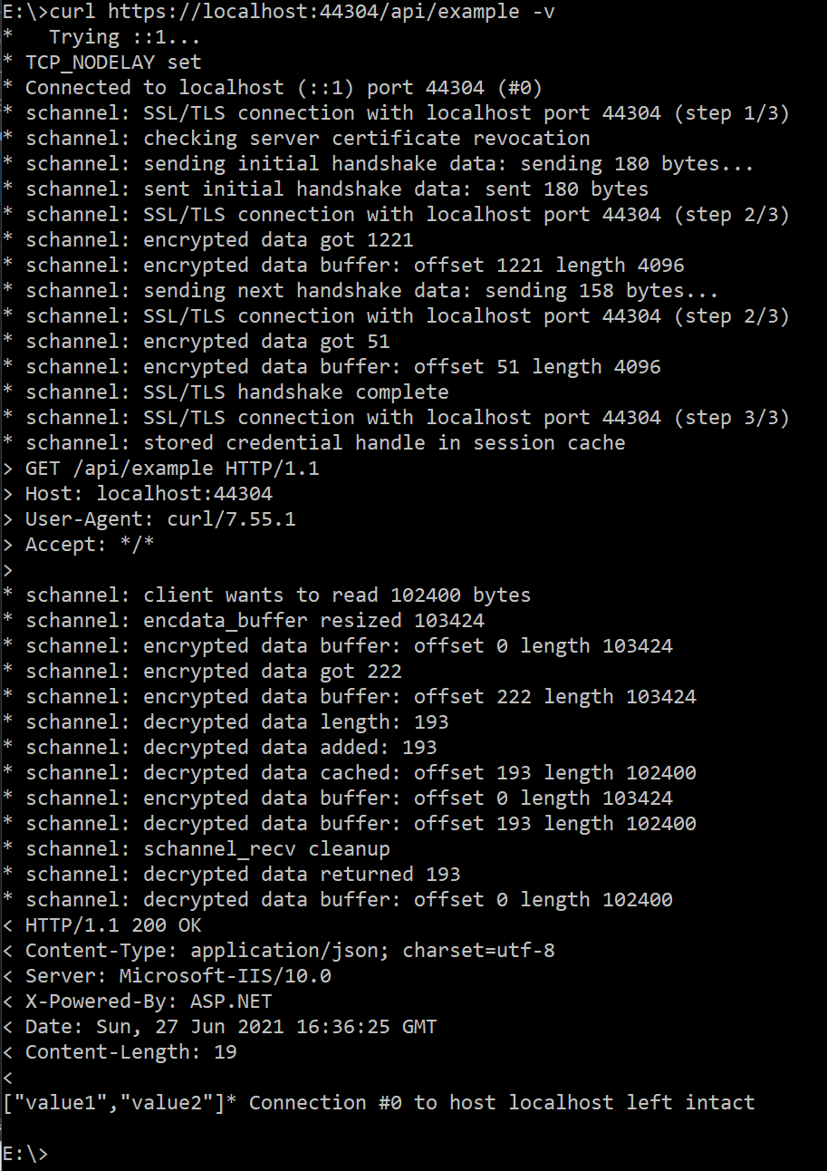 cURL showing more information, such as request and response headers and TLS handshake, when using the verbose option