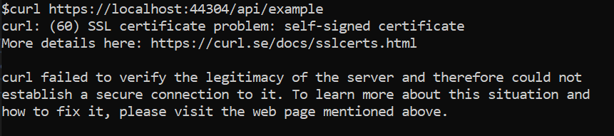 curl showing certificate warning as curl was connecting to a web server with self signed certificate